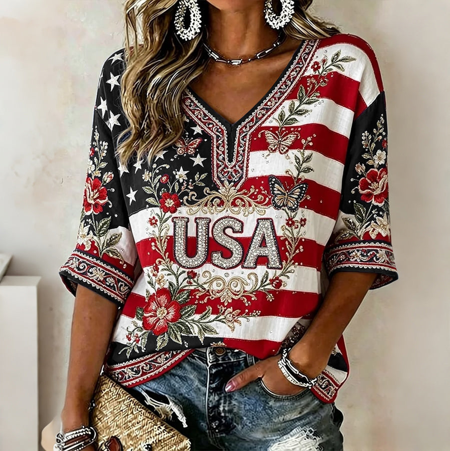 Vintage Usa Anniversary Art Casual V Neck T Shirt
