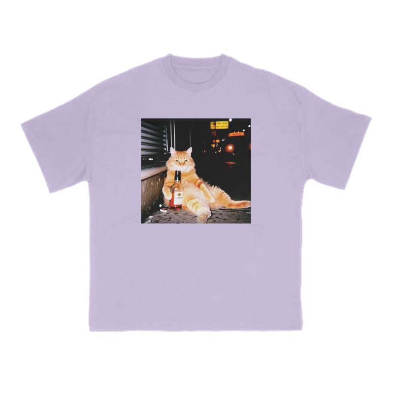 Orange Cat Sipping Beer Print T-shirt