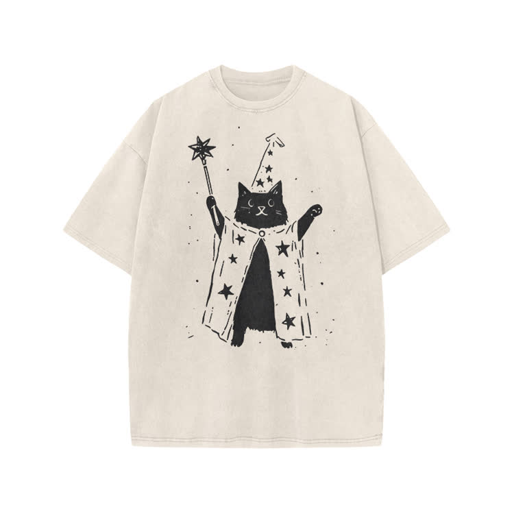 Vintage Wizard Cat Graphic Print Acid Washed T-shirt