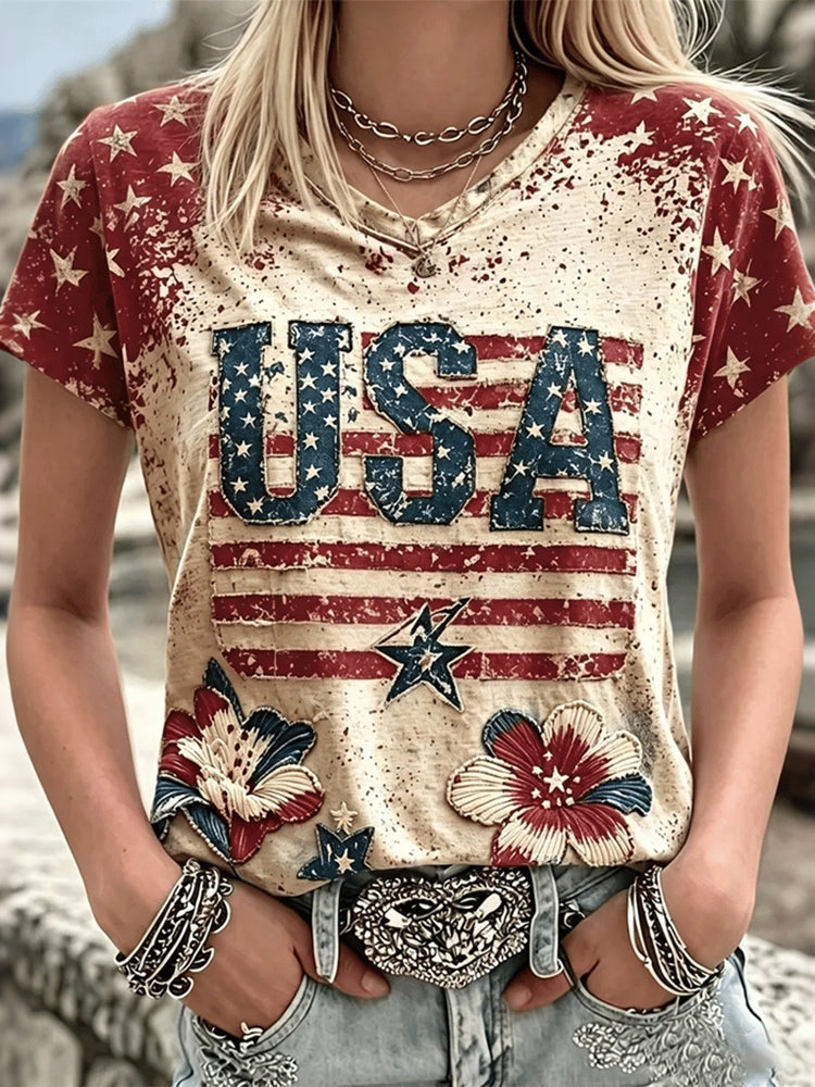 Women's Vintage Independence Day Flag Flower Print V-neck Short Sleeve T-shirt
