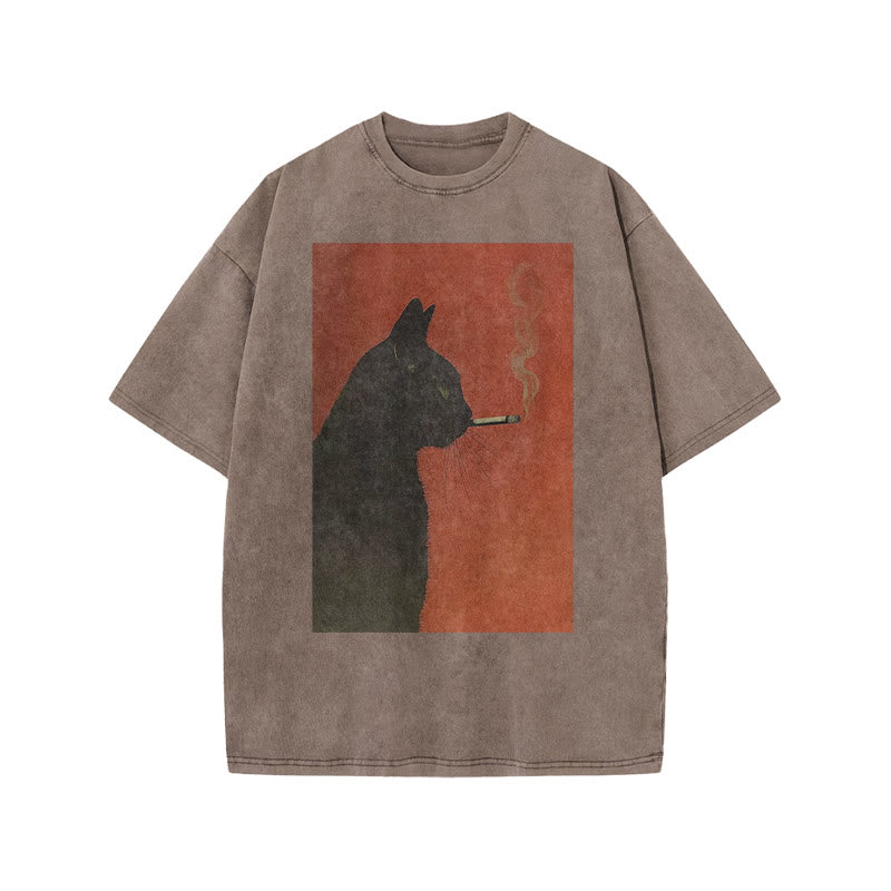 Cool Smoking Black Cat Print Acid Washed T-shirt