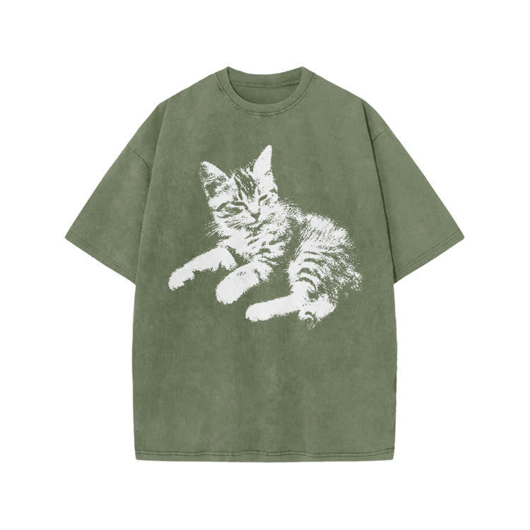 Vintage Cat Graphic Print Acid Washed T-shirt