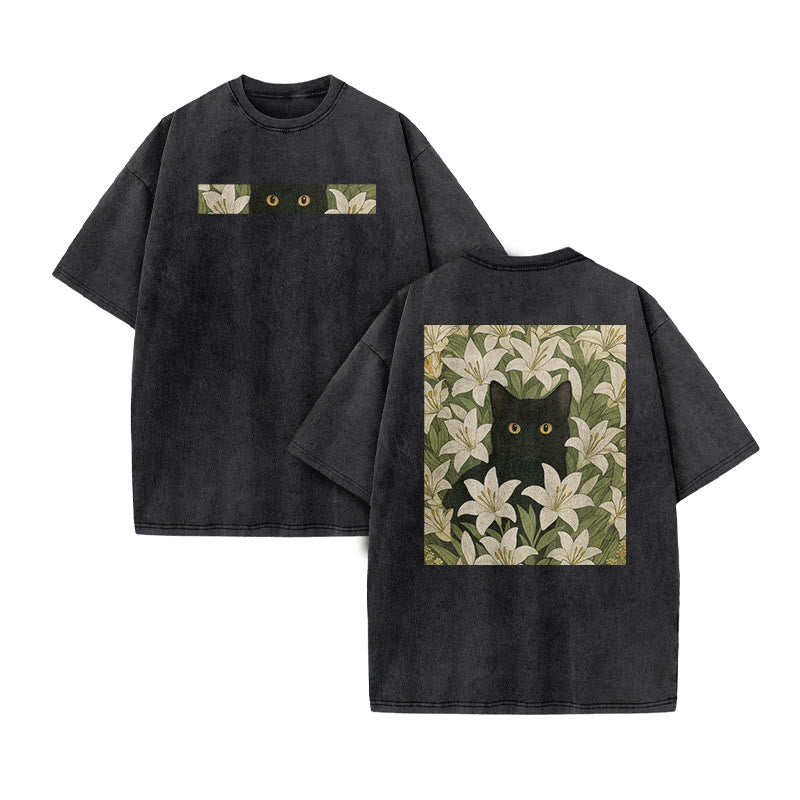 A Black Cat In A Field Of White Lilies Print Acid Washed T-shirt