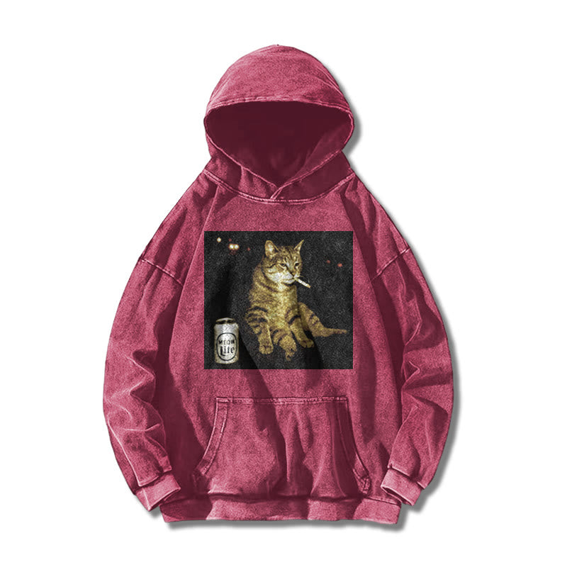 The Decadent Smoking Cat Meow Lite Beer Printed Washed Hoodie