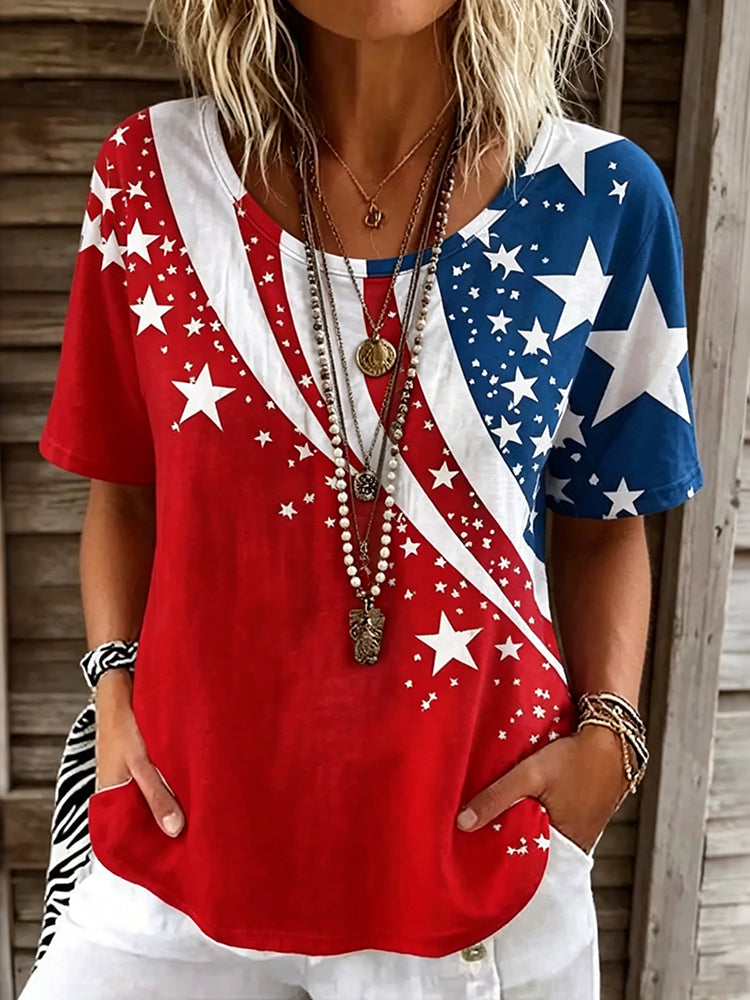 Women's Vintage Floral Flag Patchwork Art Print Tshirt