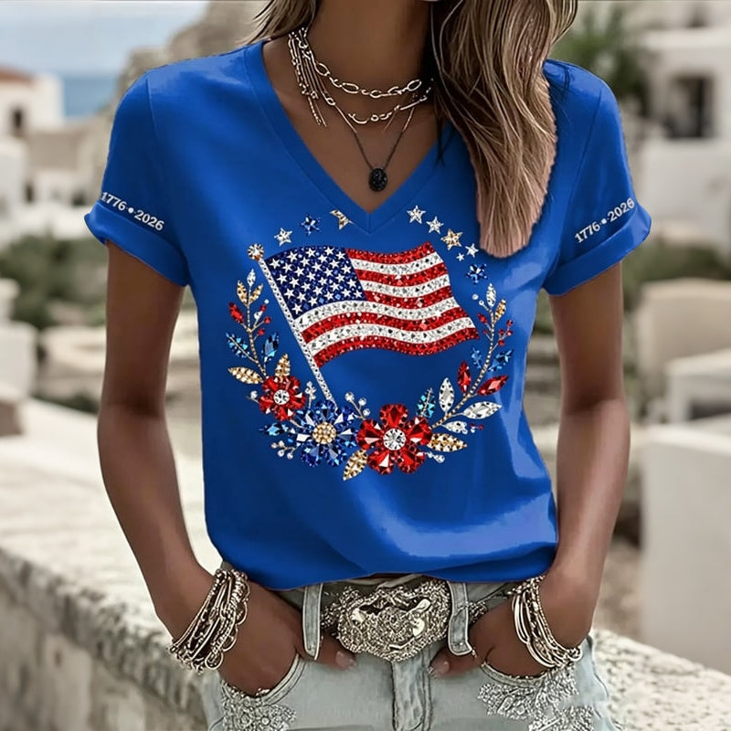 Women's Independence Day Flag Flower Art V-neck Short Sleeve T-shirt