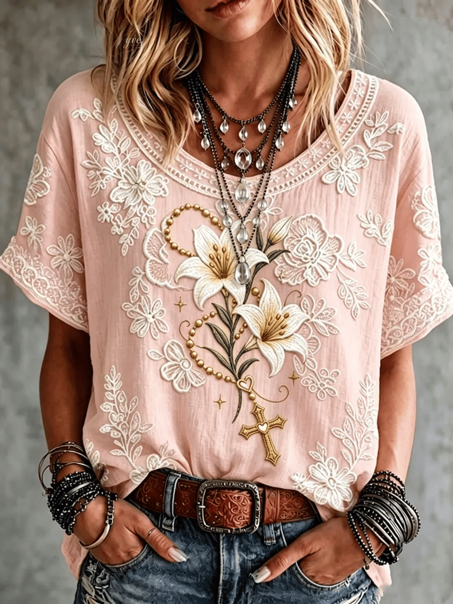 Women's Pink Floral Breast Cancer Awareness Print T-Shirt