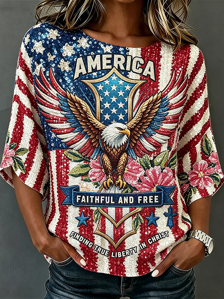 Vintage American Flag Eagle Glitter Art Comfy T Shirt