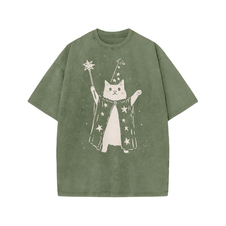 Vintage Wizard Cat Graphic Print Acid Washed T-shirt