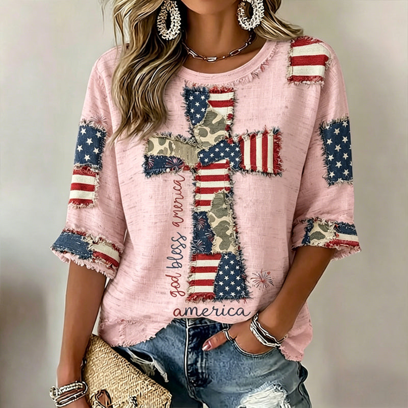 Women's  Flag In Faith Art Three-quarter Sleeve V Neck Linen Tops