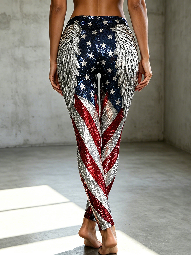 Independence Day Angel Wings Women's Sequins Leggings