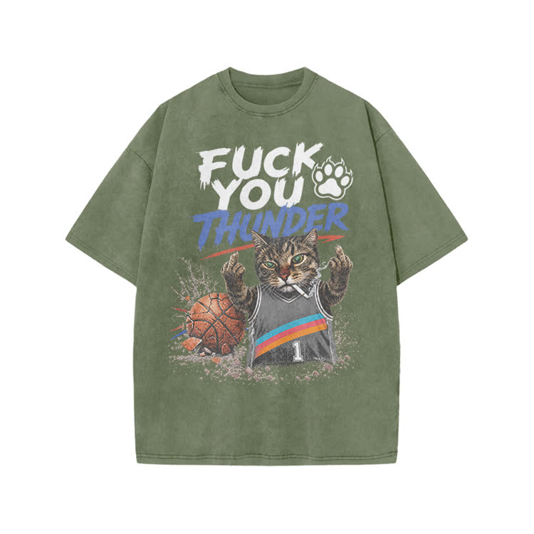 Vintage Cat Basketball Graphic Print Acid Washed T-shirt