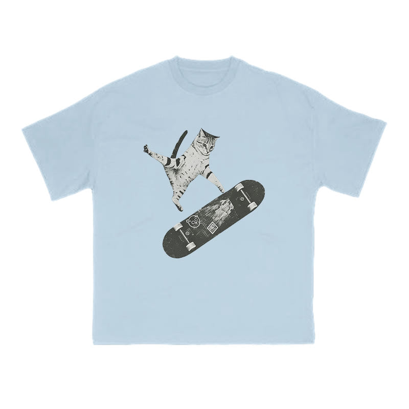 A Skateboarding Tabby Cat Print T-shirt