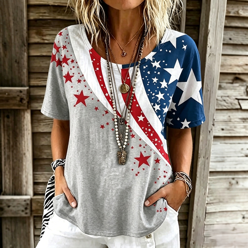 Women's Vintage Floral Flag Patchwork Art Print Tshirt