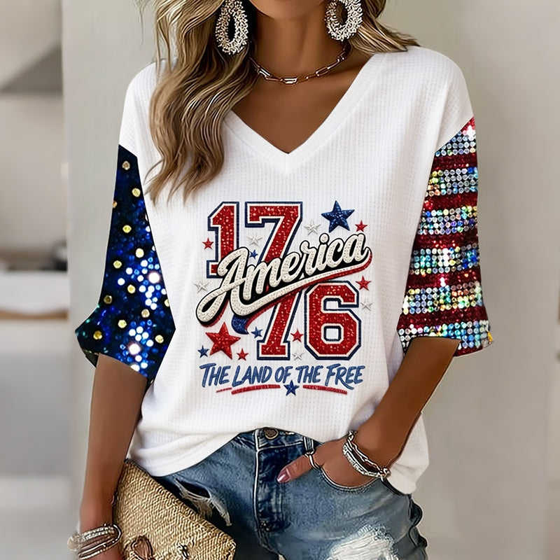 Women's Retro Flag Art V Neck Linen Tops