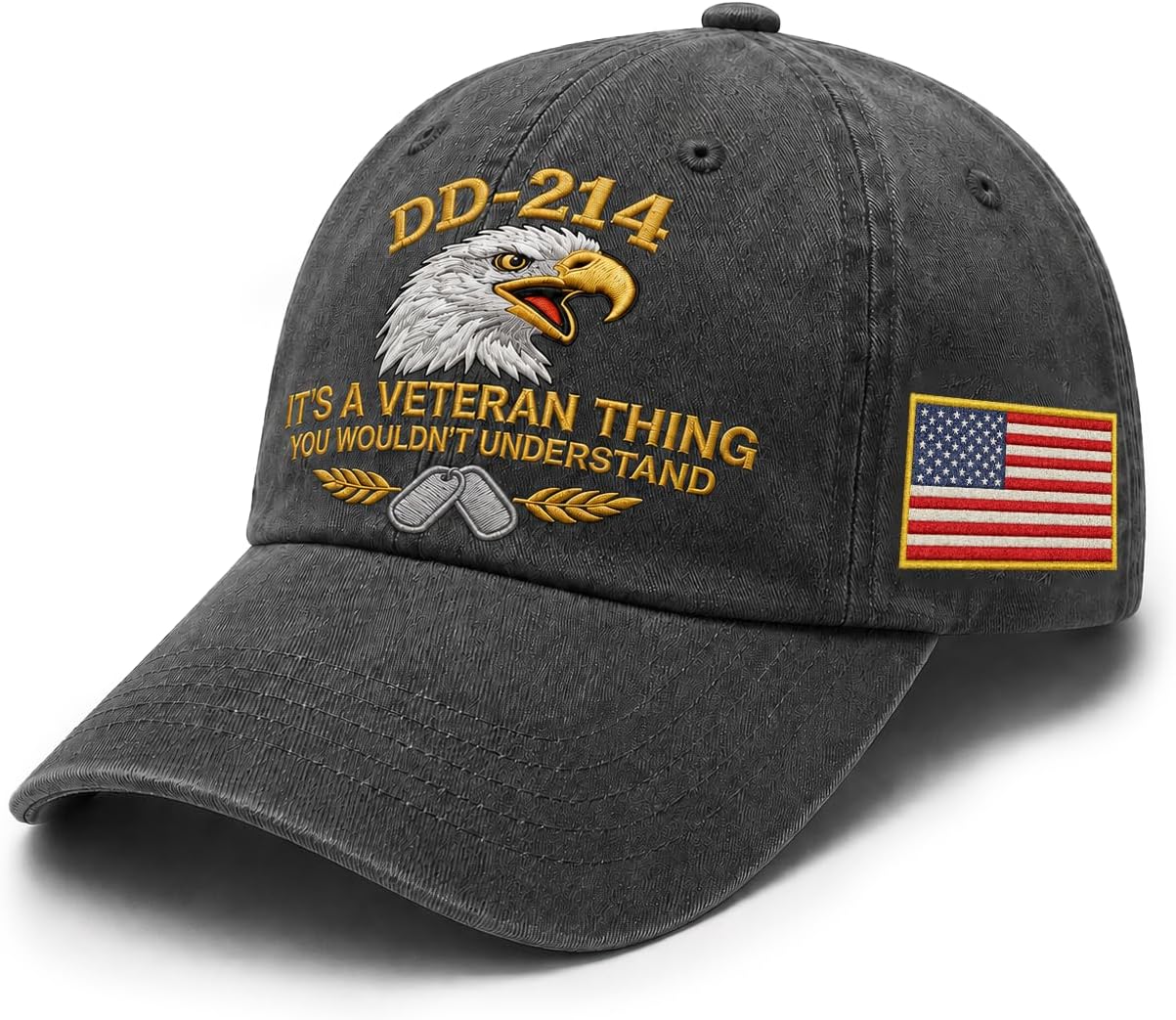 DD-214 Veteran Embroidered Hat for Men Patriotic Military Baseball Cap with Embroidered Flag, Adjustable Fit