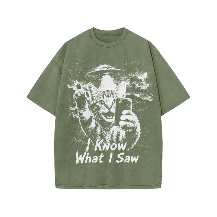 Casual I Know What I Saw Cat UFO Graphic Washed T-Shirt