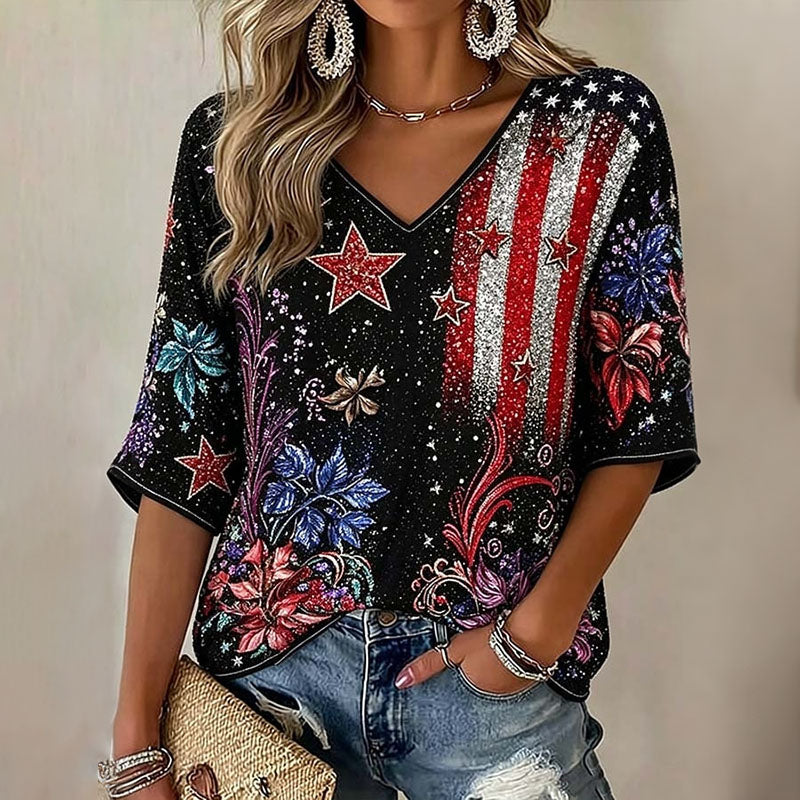 Women's Vintage Usa Anniversary Floral Art Casual V Neck T Shirt