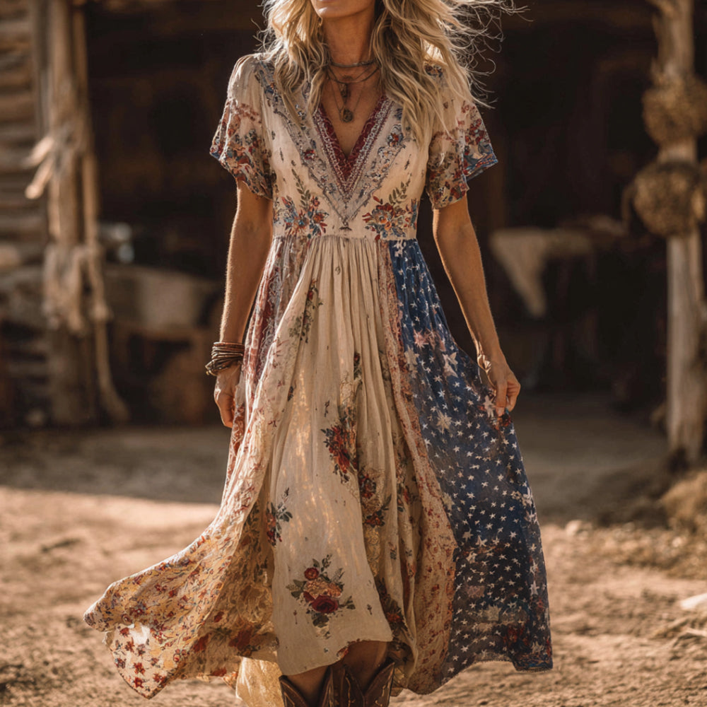 Vintage Floral And Star Art Patchwork Casual V-neck Short Sleeve Dress