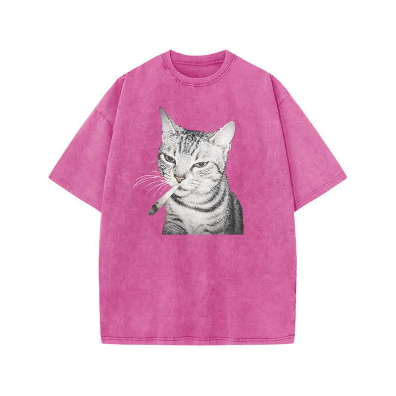 Tabby Cat With A Cigarette In Its Mouth Print Acid Washed T-shirt