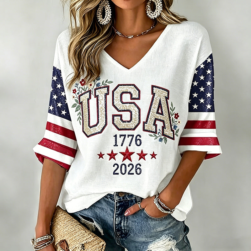 Women's Independence Day Art Three-quarter Sleeve V Neck Linen Tops