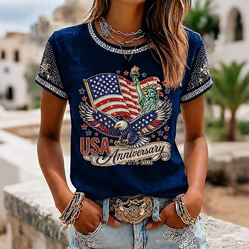 Women's Independence Day Flag Eagle Art Crew Neck T-shirt