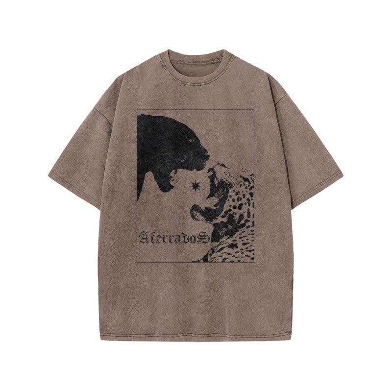 Black Panther Vs Leopard Aterrados Print Acid Washed T-shirt