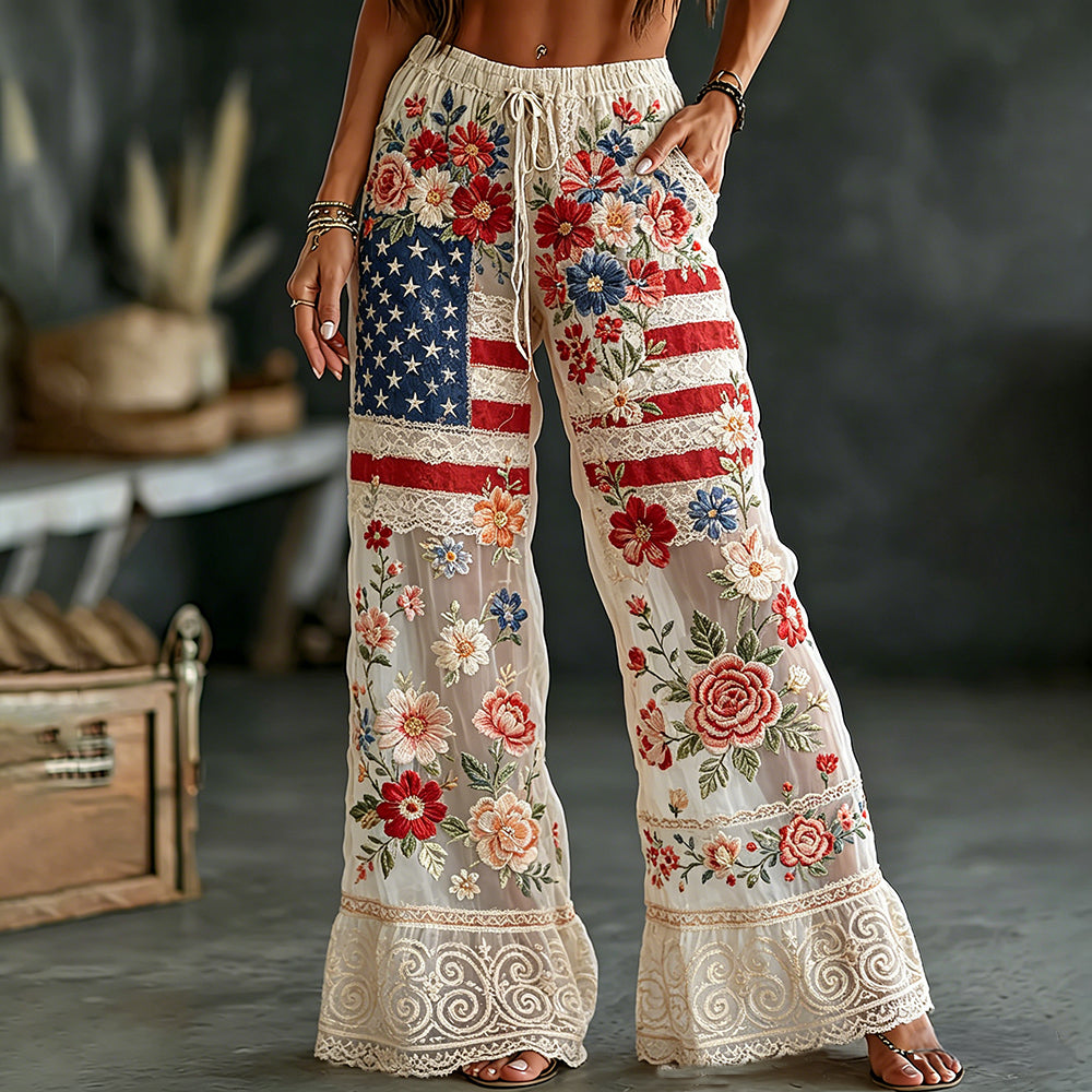 Women's Retro Floral Flag Elastic Cotton Linen Pants