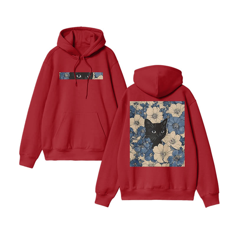 Black Cat In A Patchwork Flower Field Print Hoodie