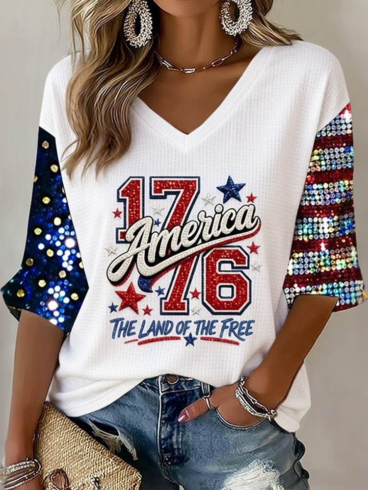Women's Retro Flag Art V Neck Linen Tops