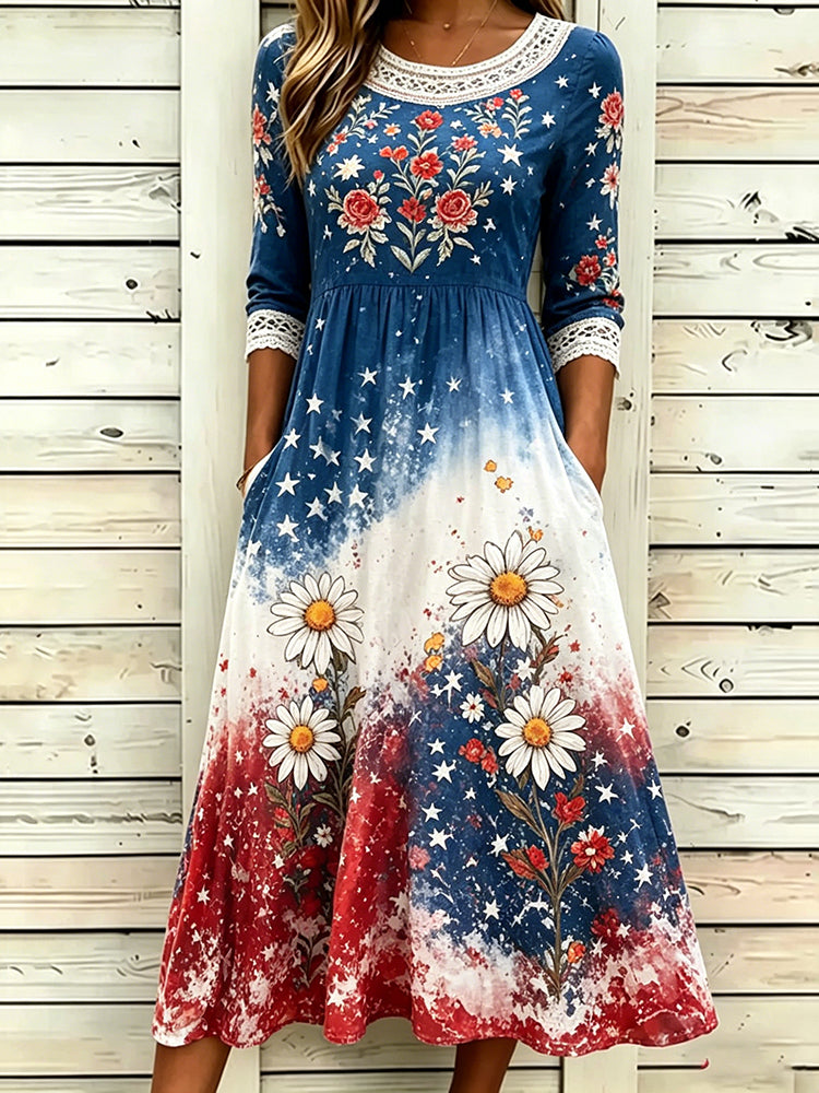 Women's National Flag Floral Tie-dye Dress
