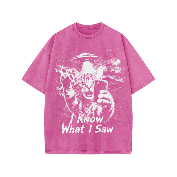 Casual I Know What I Saw Cat UFO Graphic Washed T-Shirt