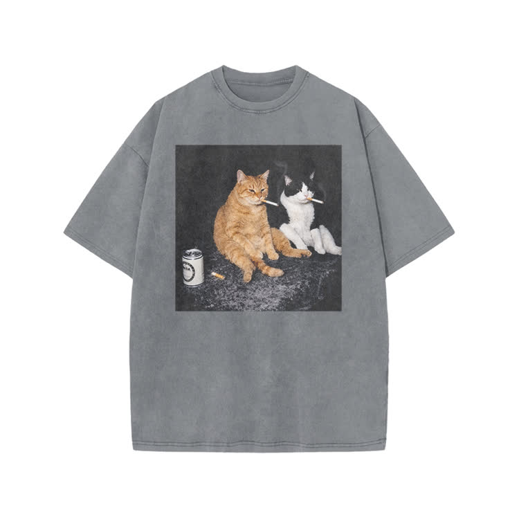 Vintage Smoking Cats Graphic Print Acid Washed T-Shirt