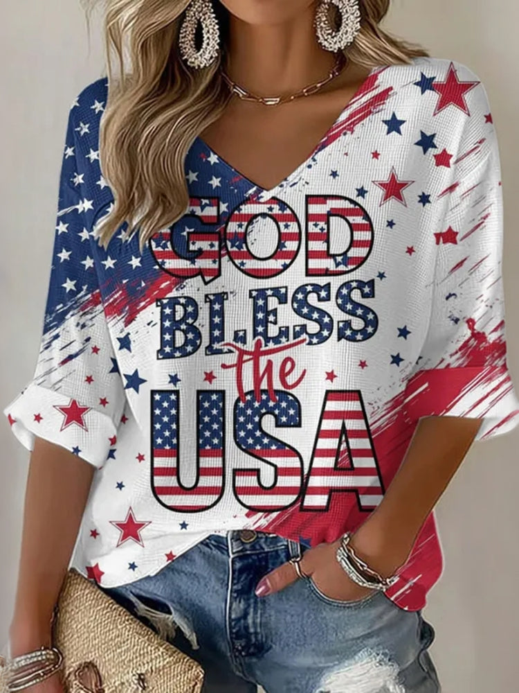 Women's Vintage Flag God Bless Usa Art  Three-quarter Sleeve V Neck Linen Tops