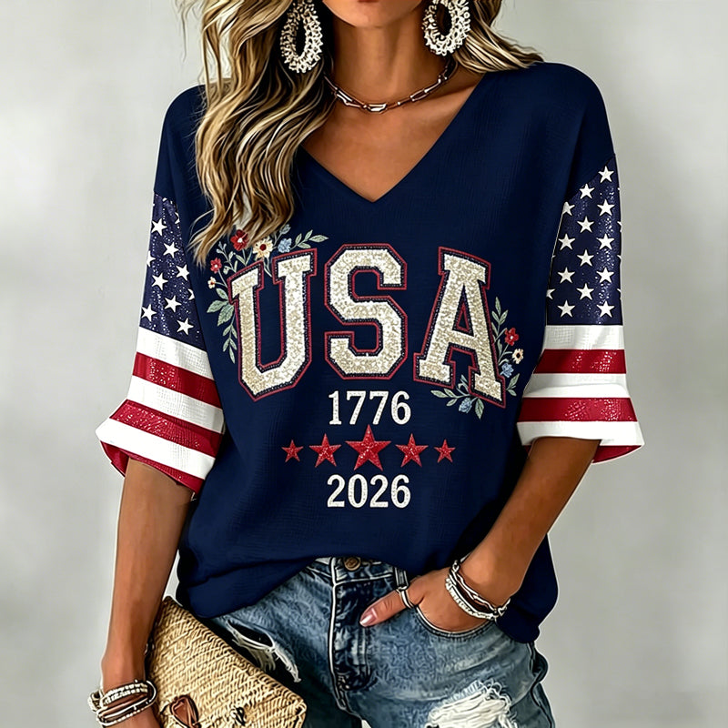 Women's Independence Day Art Three-quarter Sleeve V Neck Linen Tops