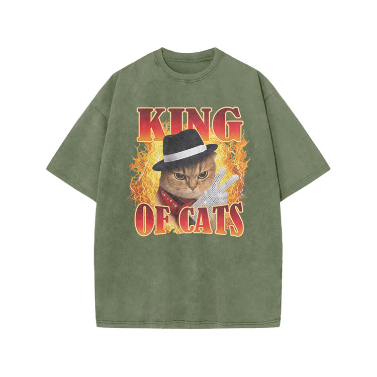 Vintage King of Cats Flame Graphic Print Acid Washed T-shirt