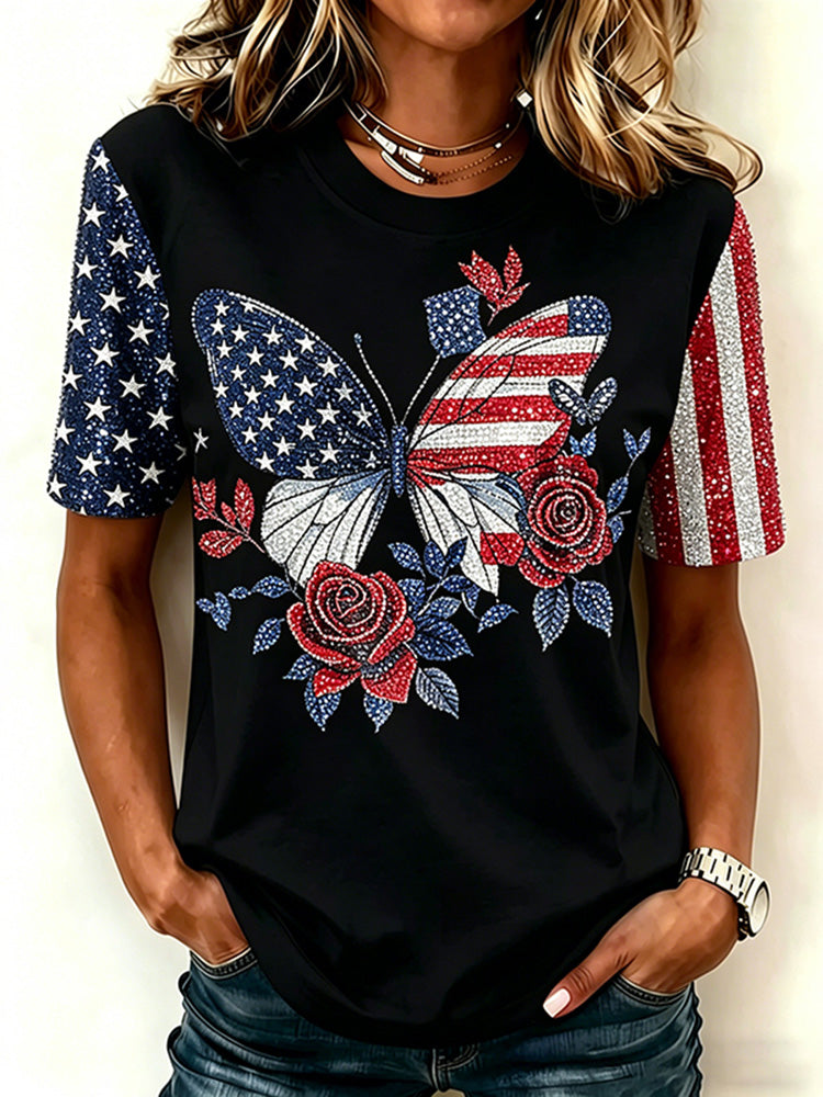 Women's Independence Day Themed Rhinestone Butterfly And Floral Art Casual T-shirt