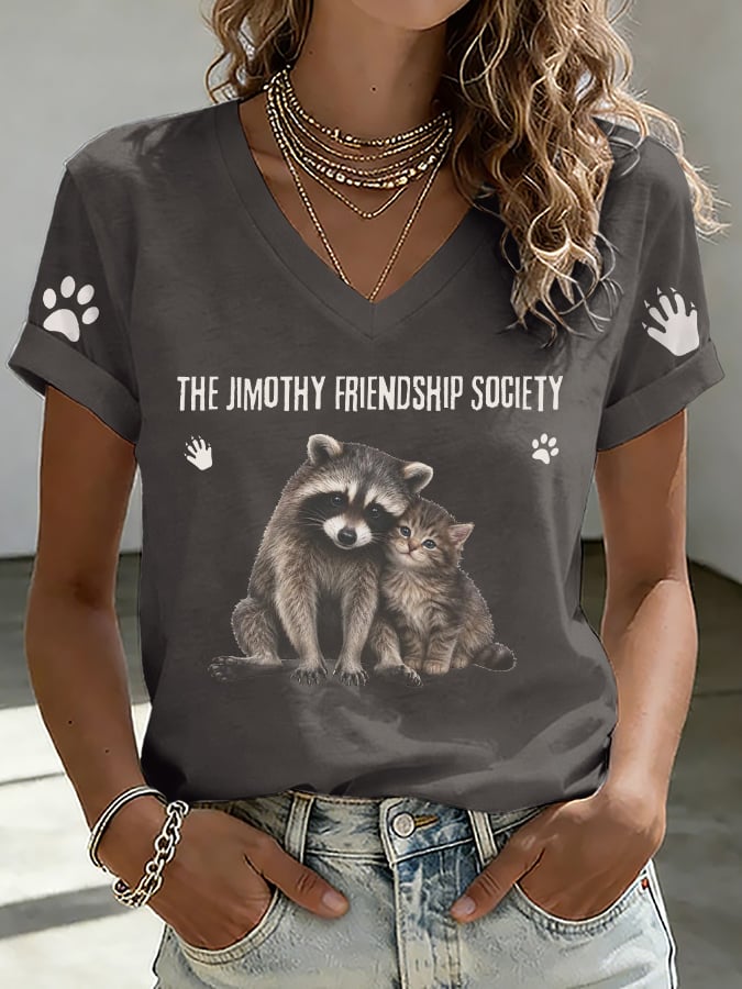 V-Neck Retro The Jimothy Friendship Society Print T-Shirt