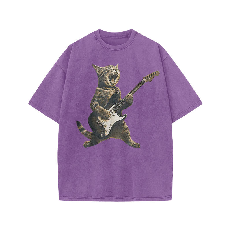 Unisex Rock Cat Playing Guitar Print Acid Washed T-shirt