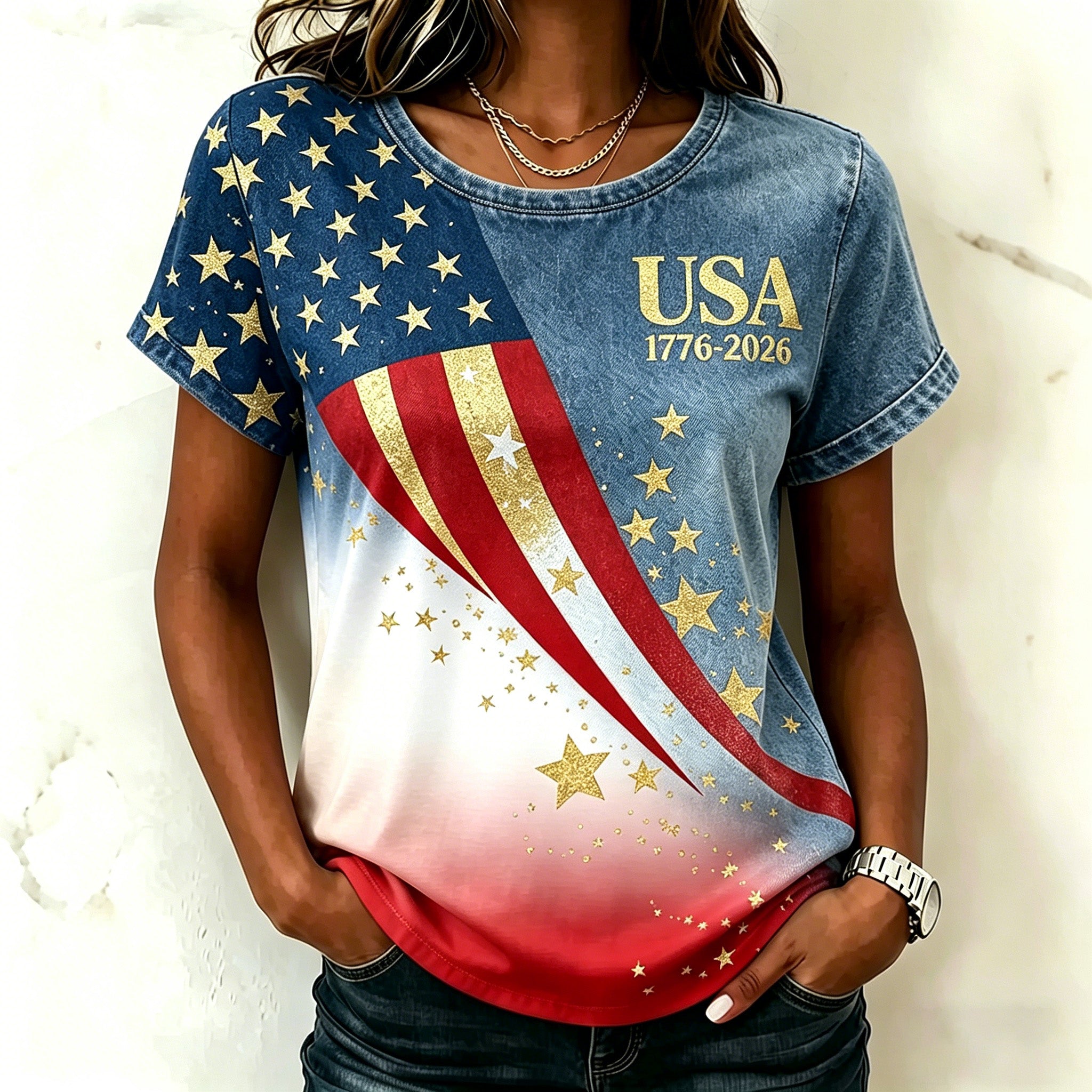 Women's Retro Independence Day Anniversary Printed T-shirt