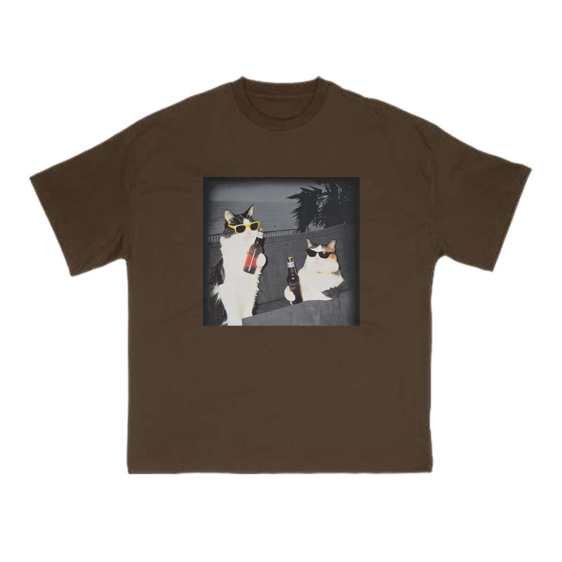 Two Cool Cats Enjoying Beer Print T-shirt