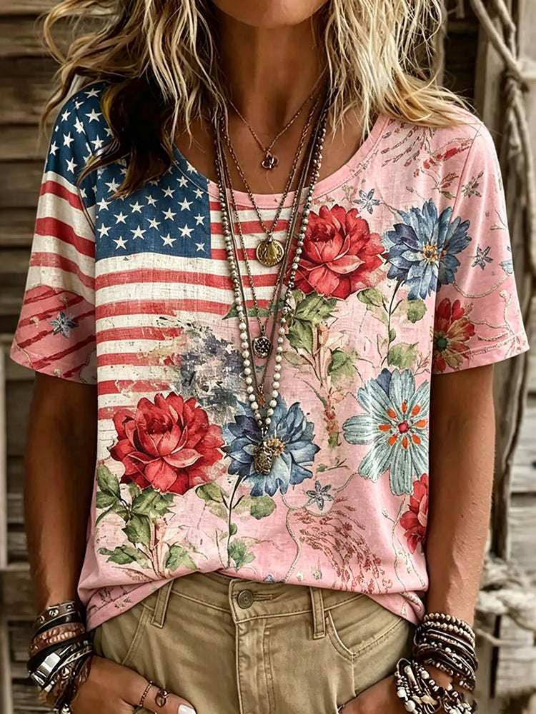 Women's Vintage Floral Flag Patchwork Art Print Tshirt