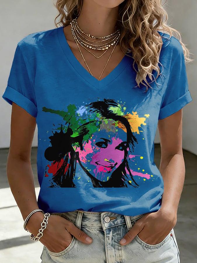V-Neck Retro Watercolor Painting Print T-Shirt