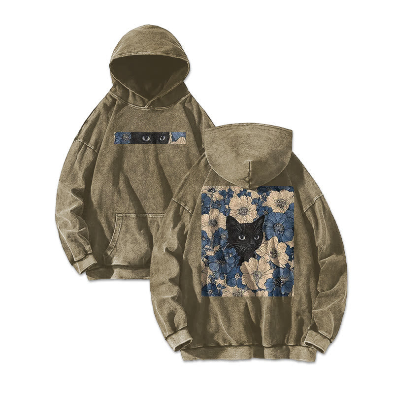 Black Cat In A Patchwork Flower Field Printed Washed Hoodie