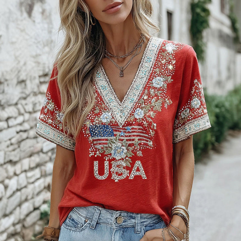 Women's Independence Day Rhinestone Flag Floral Pattern Casual T-shirt