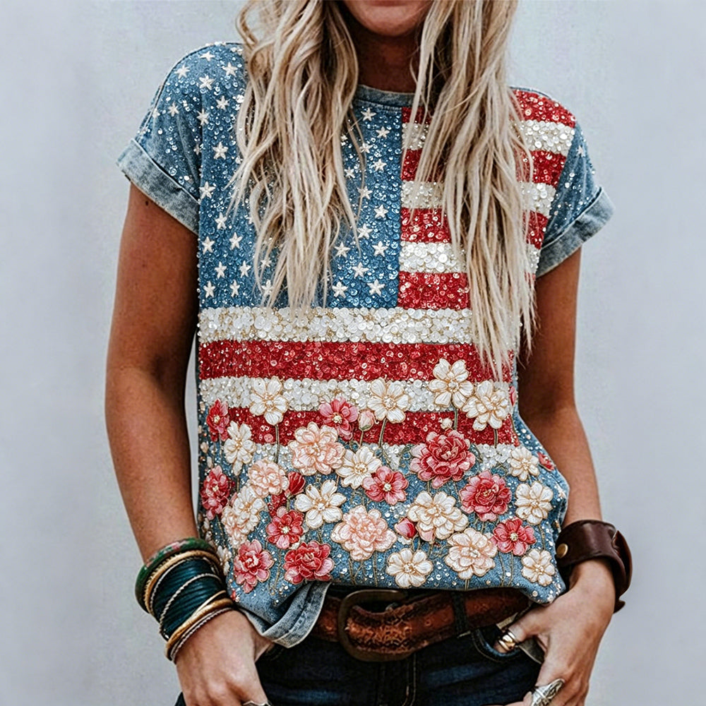 Usa Glitter Flag With Flowers Art Short Sleeve T Shirt