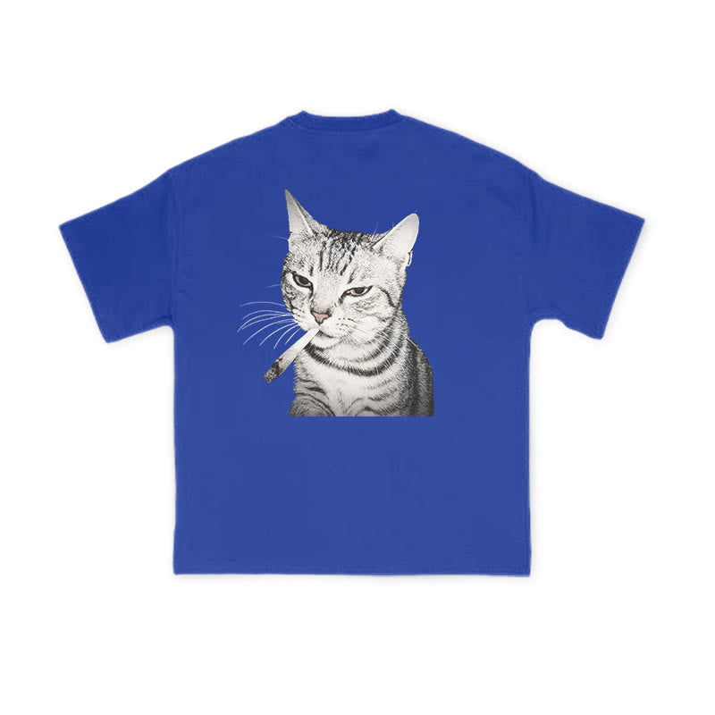 Tabby Cat With A Cigarette In Its Mouth Print Causal T-shirt