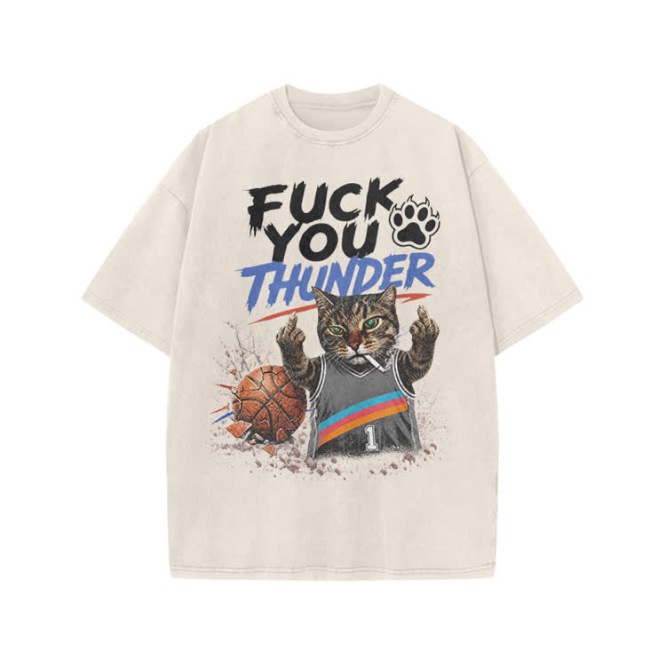 Vintage Cat Basketball Graphic Print Acid Washed T-shirt