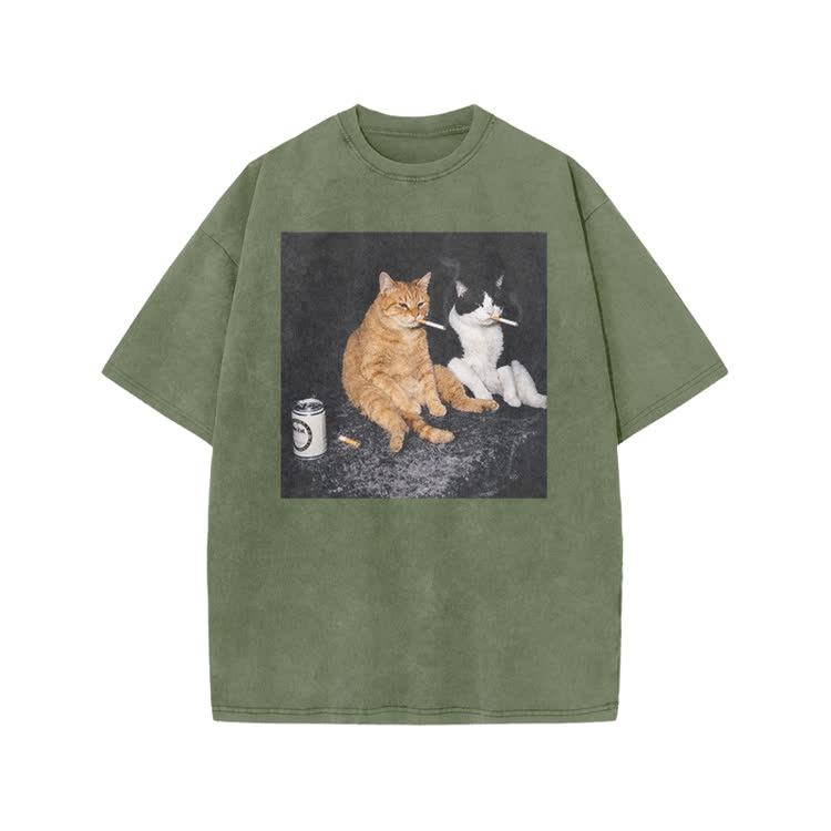 Vintage Smoking Cats Graphic Print Acid Washed T-Shirt