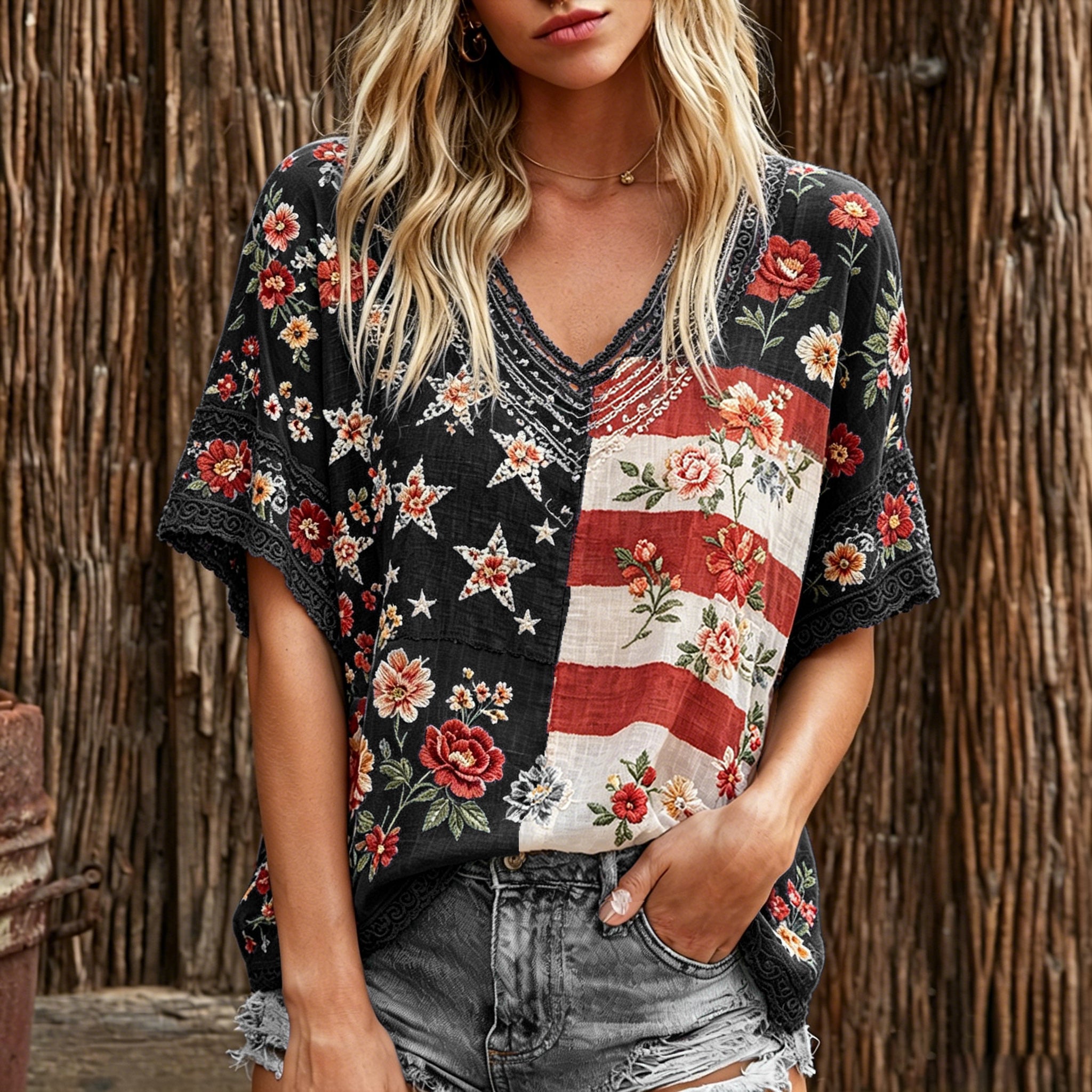Retro Flag And Rose Embroidery Art V-neck Short Sleeve Top